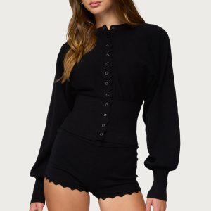 Maizy Puff Sleeve Scalloped Knit Cardigan