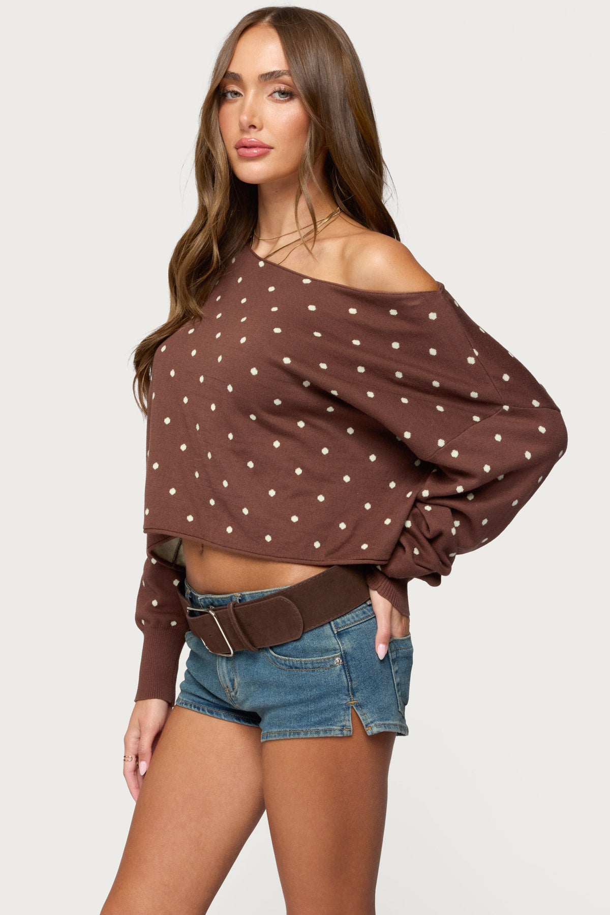 Oversized Off Shoulder Polka Dot Sweater - Image 3