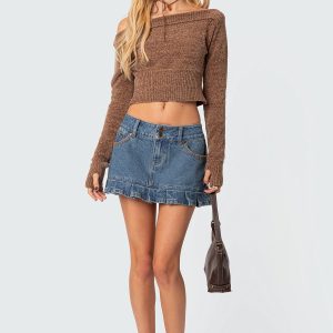 Pleated Hem Washed Denim Mini Skirt